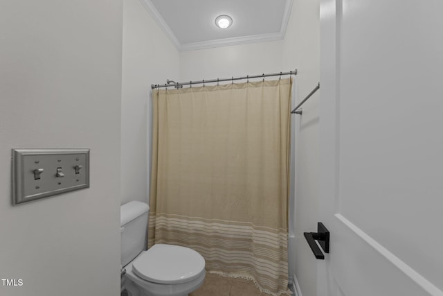 9164 Wooden Rd, Raleigh, NC 27617 - bathroom with crown molding, toilet, tile patterned flooring, and a shower with curtain