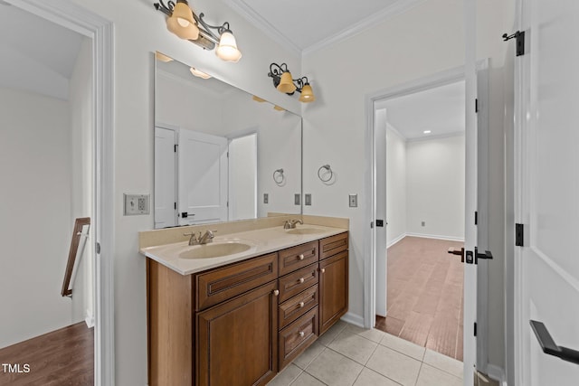 9164 Wooden Rd, Raleigh, NC 27617 - full bath with double vanity, ornamental molding, and tile patterned floors