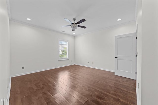 9164 Wooden Rd, Raleigh, NC 27617 - empty room featuring ceiling fan, ornamental molding, dark wood-style flooring, recessed lighting, and baseboards