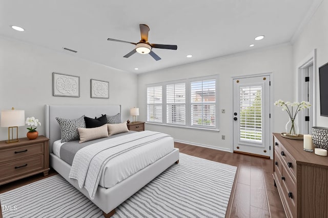 9164 Wooden Rd, Raleigh, NC 27617 - bedroom with dark wood-style flooring, recessed lighting, access to outside, a ceiling fan, and ornamental molding