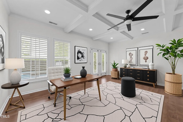9164 Wooden Rd, Raleigh, NC 27617 - office area with coffered ceiling, beam ceiling, a ceiling fan, wood finished floors, and baseboards