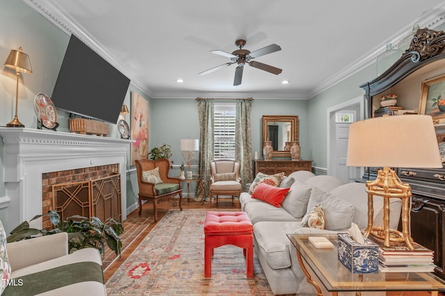 1813 Carrington Dr, Raleigh, NC 27615 - living room with ceiling fan, recessed lighting, baseboards, a brick fireplace, and brick flooring