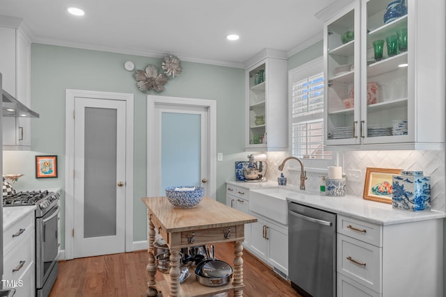 1813 Carrington Dr, Raleigh, NC 27615 - kitchen with stainless steel appliances, tasteful backsplash, white cabinetry, dark wood-style floors, and crown molding