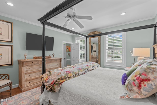 1813 Carrington Dr, Raleigh, NC 27615 - bedroom featuring ornamental molding, recessed lighting, baseboards, wood finished floors, and a ceiling fan
