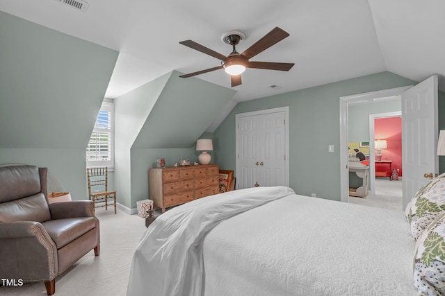 1813 Carrington Dr, Raleigh, NC 27615 - bedroom featuring carpet floors, lofted ceiling, a ceiling fan, a closet, and baseboards