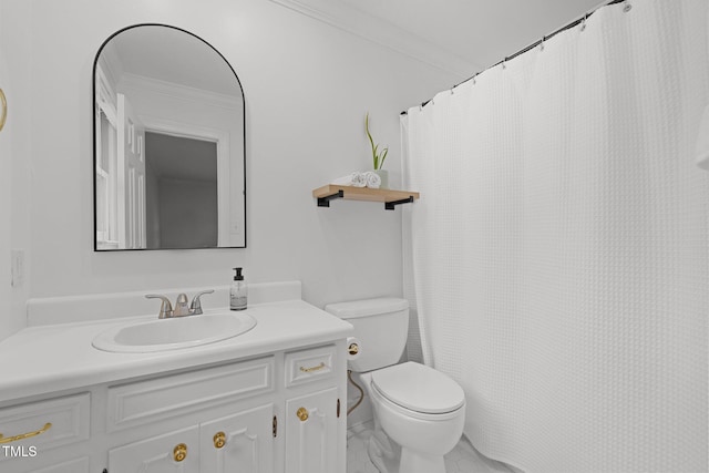 1706 Rangecrest Rd, Raleigh, NC 27612 - bathroom with vanity, toilet, marble look tiles, crown molding, and a shower with curtain