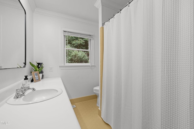 1706 Rangecrest Rd, Raleigh, NC 27612 - bathroom featuring toilet, ornamental molding, baseboards, vanity, and a shower with shower curtain