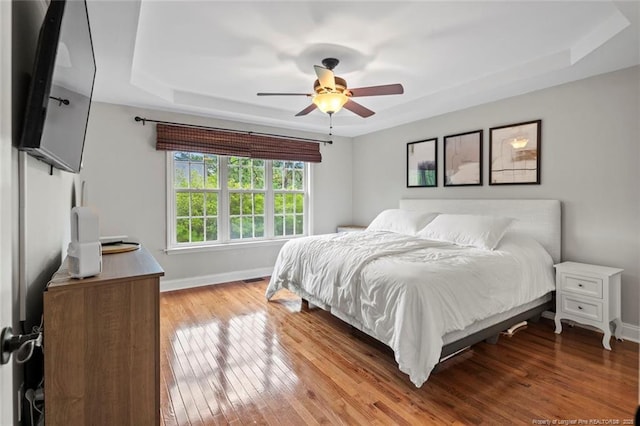 bedroom featuring wood-type flooring, baseboards, and a raised ceiling