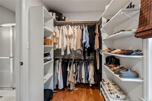 walk in closet with wood finished floors