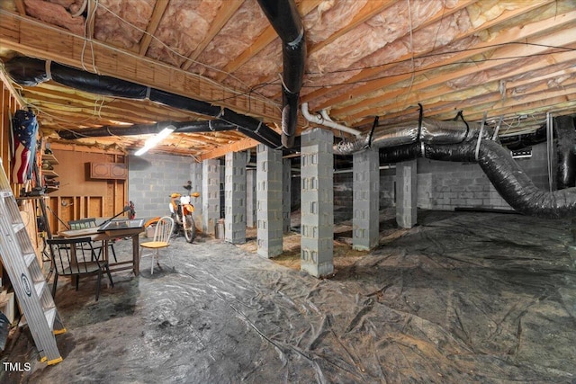 below grade area featuring concrete block wall