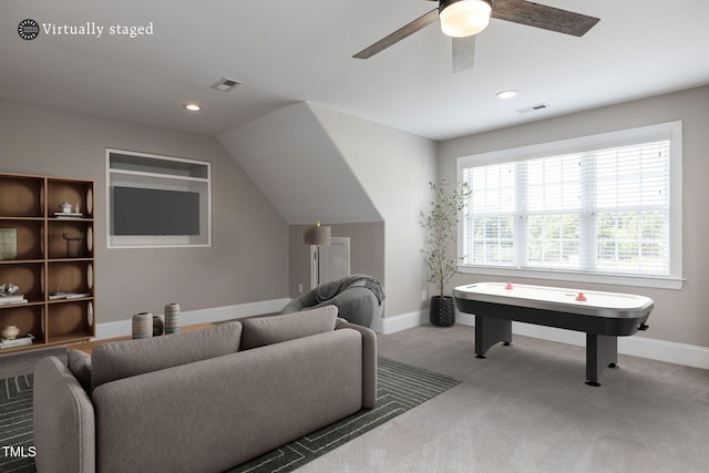 120 Gentle Rain Dr, Garner, NC 27529 - playroom with ceiling fan, baseboards, recessed lighting, carpet floors, and vaulted ceiling