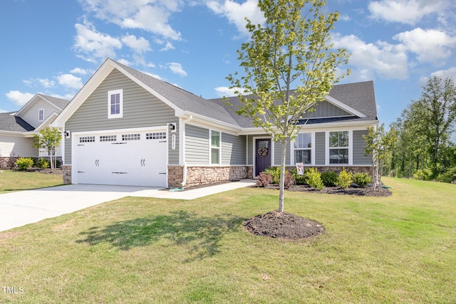 8615 Kenridge Ln, Fuquay Varina, NC 27526 - craftsman house with stone siding, concrete driveway, a front lawn, and roof with shingles