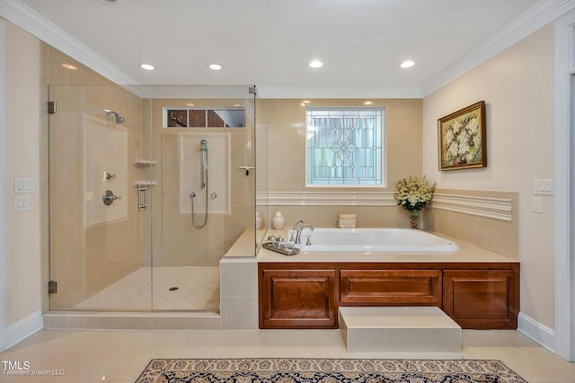 full bathroom with a bath, a shower stall, crown molding, tile patterned flooring, and recessed lighting