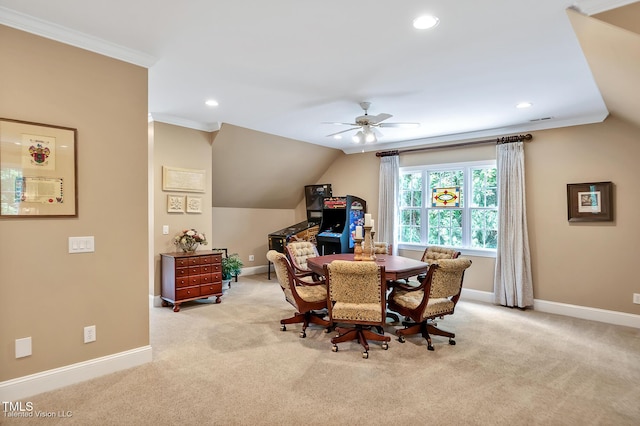 dining area with ornamental molding, baseboards, a ceiling fan, light colored carpet, and recessed lighting