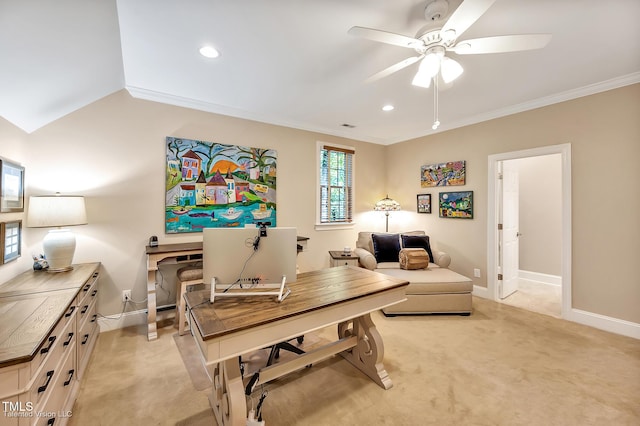 home office featuring a ceiling fan, light carpet, baseboards, crown molding, and recessed lighting