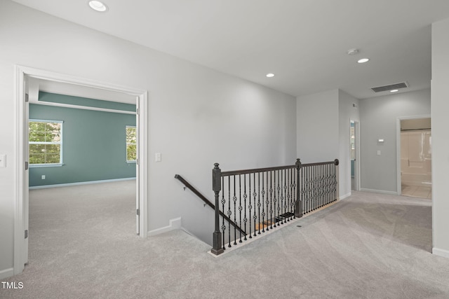 1013 Poppy Fields Ln, Wake Forest, NC 27587 - hall featuring an upstairs landing, carpet flooring, and recessed lighting