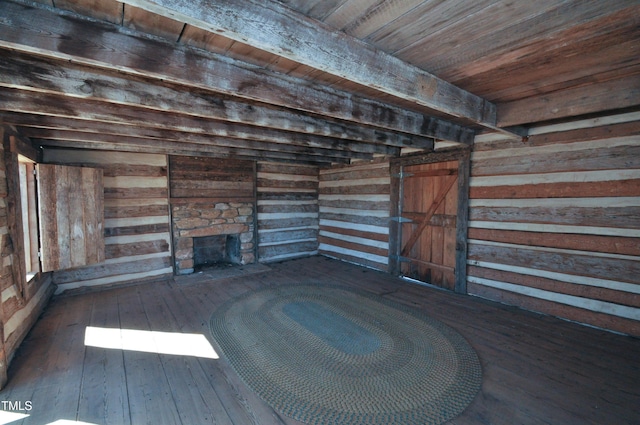 1013 Poppy Fields Ln, Wake Forest, NC 27587 - unfurnished living room featuring wooden walls, wood-type flooring, a fireplace, and a wood ceiling with exposed beams