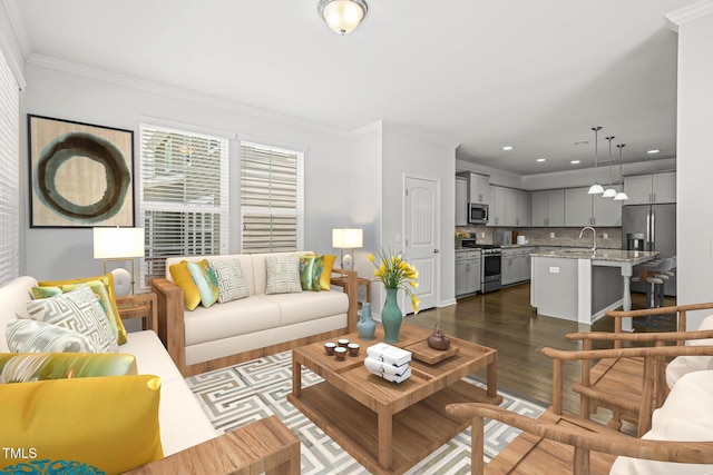 1013 Poppy Fields Ln, Wake Forest, NC 27587 - living room with dark wood-type flooring, ornamental molding, and recessed lighting