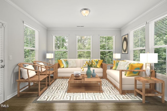 1013 Poppy Fields Ln, Wake Forest, NC 27587 - living area with hardwood / wood-style floors, plenty of natural light, and ornamental molding