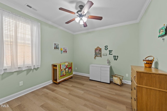 232 Shady Hollow Ln, Garner, NC 27529 - bedroom featuring light wood-style floors, crown molding, baseboards, and a ceiling fan