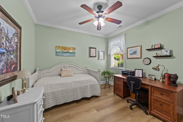 232 Shady Hollow Ln, Garner, NC 27529 - bedroom featuring light wood finished floors, ornamental molding, an office area, and a ceiling fan
