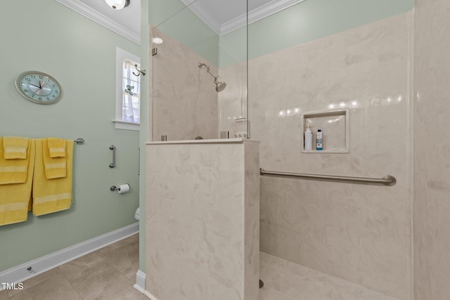232 Shady Hollow Ln, Garner, NC 27529 - full bathroom with ornamental molding, a marble finish shower, toilet, and baseboards