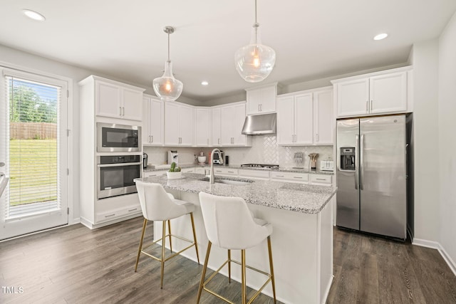 kitchen with appliances with stainless steel finishes, a sink, under cabinet range hood, dark wood finished floors, and recessed lighting