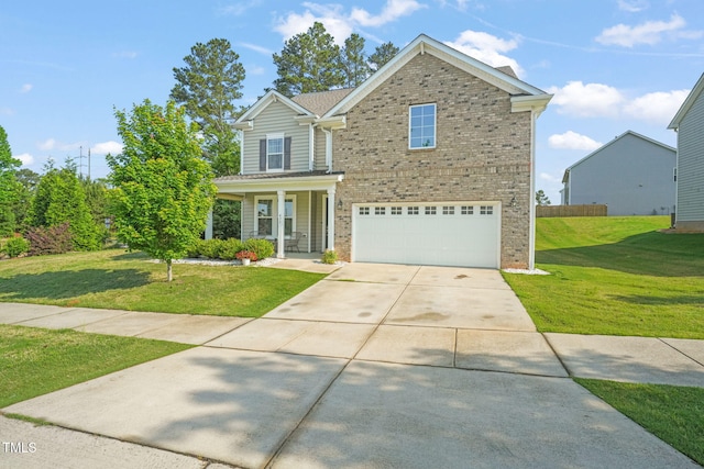 traditional home featuring a garage, brick siding, a front yard, driveway, and a porch