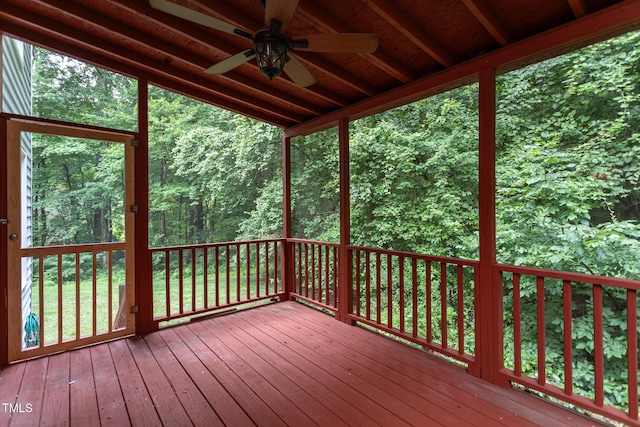 9305 Dominion Blvd, Raleigh, NC 27617 - deck with ceiling fan and a view of trees