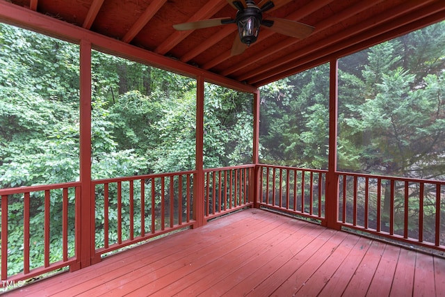 9305 Dominion Blvd, Raleigh, NC 27617 - deck with ceiling fan and a view of trees