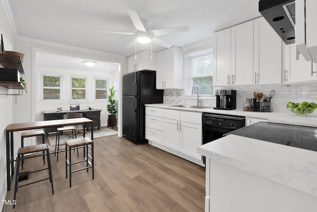 313 W Church St, Angier, NC 27501 - kitchen featuring a sink, black appliances, ceiling fan, backsplash, and white cabinetry