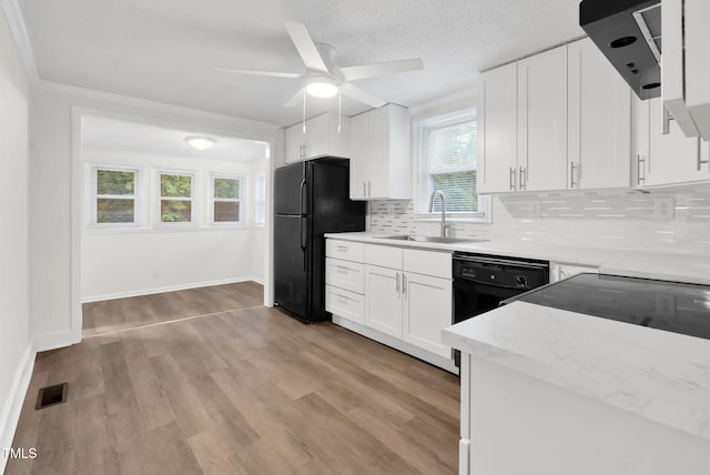 313 W Church St, Angier, NC 27501 - kitchen featuring a sink, black appliances, tasteful backsplash, a ceiling fan, and white cabinets