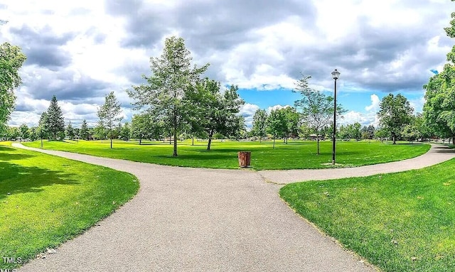 view of home's community featuring a lawn and curved driveway
