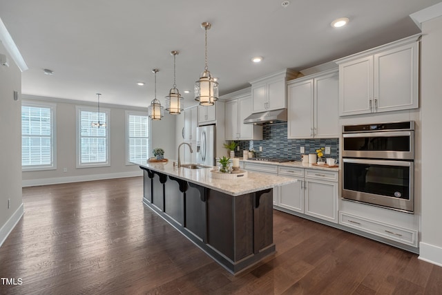 10330 Sablewood Dr Unit 104, Raleigh, NC 27617 - kitchen with appliances with stainless steel finishes, tasteful backsplash, a center island with sink, dark wood finished floors, and under cabinet range hood