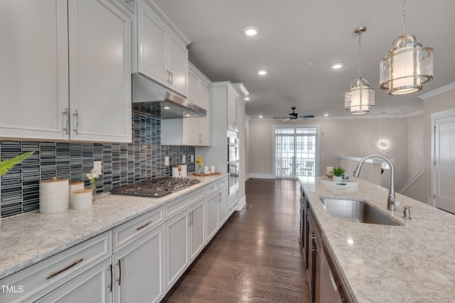 10330 Sablewood Dr Unit 104, Raleigh, NC 27617 - kitchen featuring stainless steel appliances, a ceiling fan, under cabinet range hood, decorative backsplash, and white cabinets