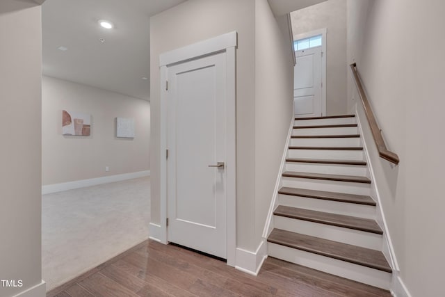 10330 Sablewood Dr Unit 104, Raleigh, NC 27617 - stairs featuring wood finished floors and recessed lighting