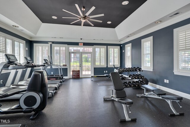 10330 Sablewood Dr Unit 104, Raleigh, NC 27617 - workout area with a tray ceiling, ornamental molding, ceiling fan, french doors, and recessed lighting