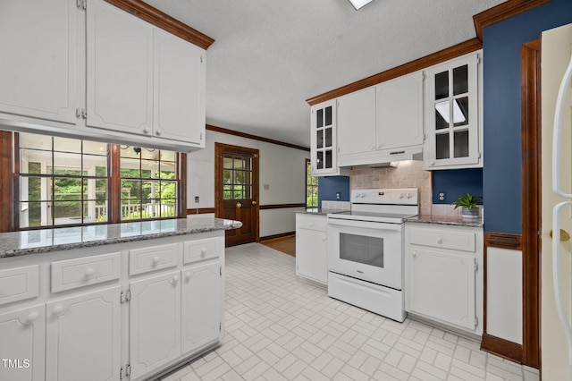 2610 N Main St, Tarboro, NC 27886 - kitchen with white appliances, under cabinet range hood, brick patterned floors, tasteful backsplash, and glass insert cabinets