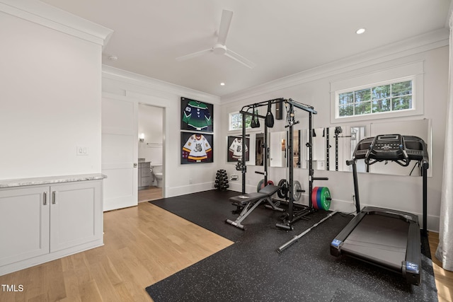 5308 Montclair Dr, Raleigh, NC 27609 - workout area featuring ornamental molding, healthy amount of natural light, ceiling fan, recessed lighting, and light wood-type flooring