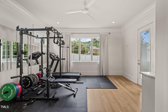 5308 Montclair Dr, Raleigh, NC 27609 - workout area with crown molding, ceiling fan, baseboards, wood finished floors, and recessed lighting