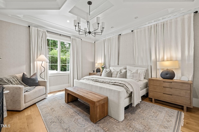 5308 Montclair Dr, Raleigh, NC 27609 - bedroom featuring a chandelier, coffered ceiling, wood finished floors, and recessed lighting
