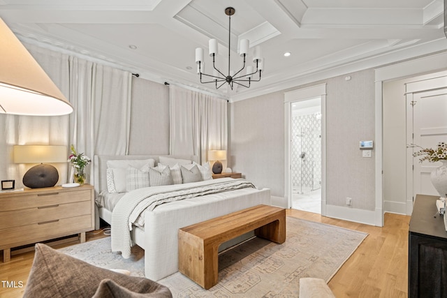 5308 Montclair Dr, Raleigh, NC 27609 - bedroom featuring a chandelier, coffered ceiling, light wood-style floors, recessed lighting, and ensuite bath