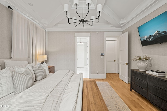 5308 Montclair Dr, Raleigh, NC 27609 - bedroom with crown molding, wood finished floors, a chandelier, beamed ceiling, and baseboards