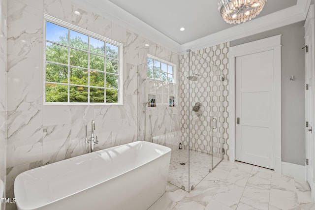 5308 Montclair Dr, Raleigh, NC 27609 - full bath with a freestanding tub, a marble finish shower, marble finish floors, a chandelier, and recessed lighting