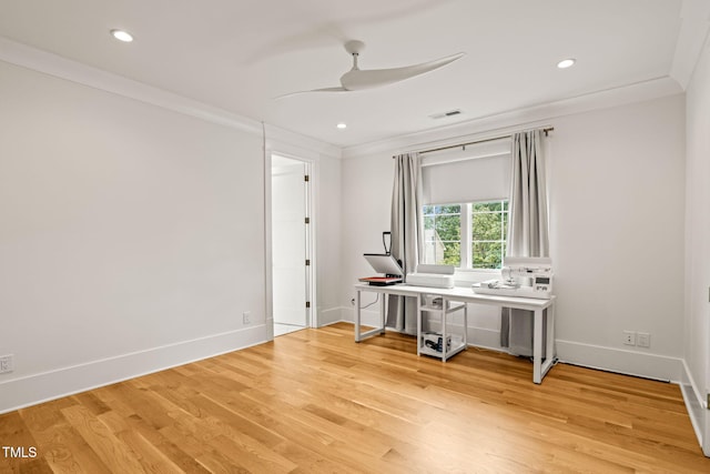 5308 Montclair Dr, Raleigh, NC 27609 - office featuring ceiling fan, baseboards, light wood-style floors, ornamental molding, and recessed lighting