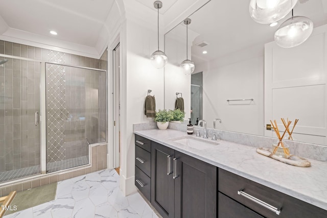 5308 Montclair Dr, Raleigh, NC 27609 - full bathroom with vanity, a shower stall, recessed lighting, and marble finish floors