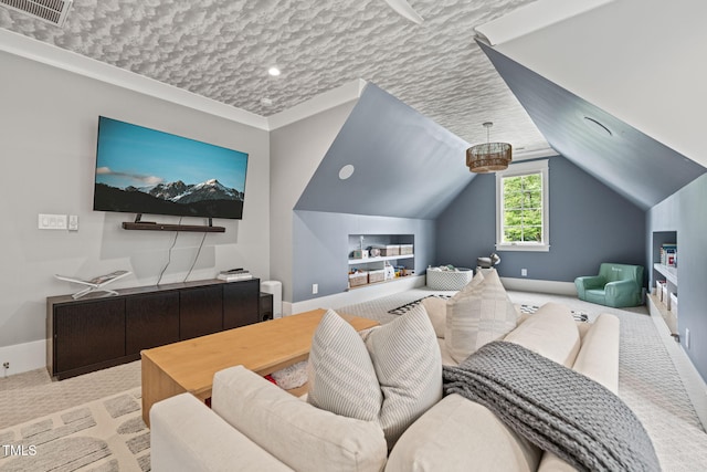 5308 Montclair Dr, Raleigh, NC 27609 - living room featuring built in features, light colored carpet, vaulted ceiling, and baseboards