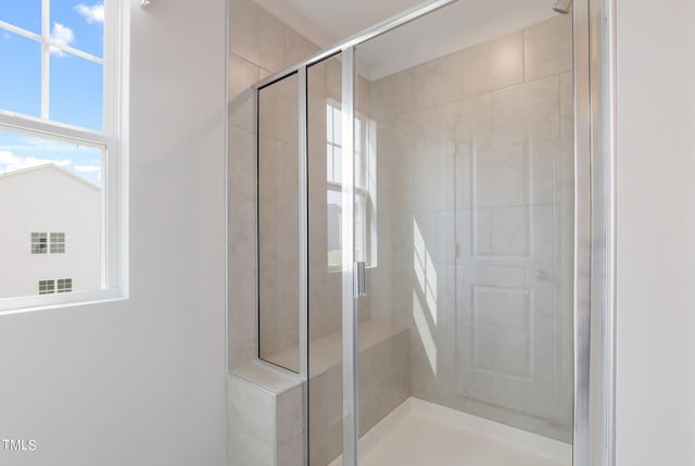 bathroom with a stall shower and healthy amount of natural light