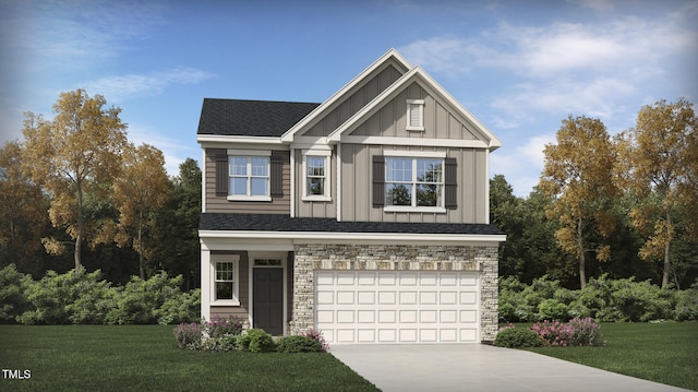 craftsman inspired home featuring board and batten siding, driveway, an attached garage, and a front lawn