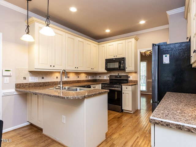 301 Monterey Ct, Benson, NC 27504 - kitchen featuring stainless steel appliances, a sink, ornamental molding, a peninsula, and light wood-style flooring